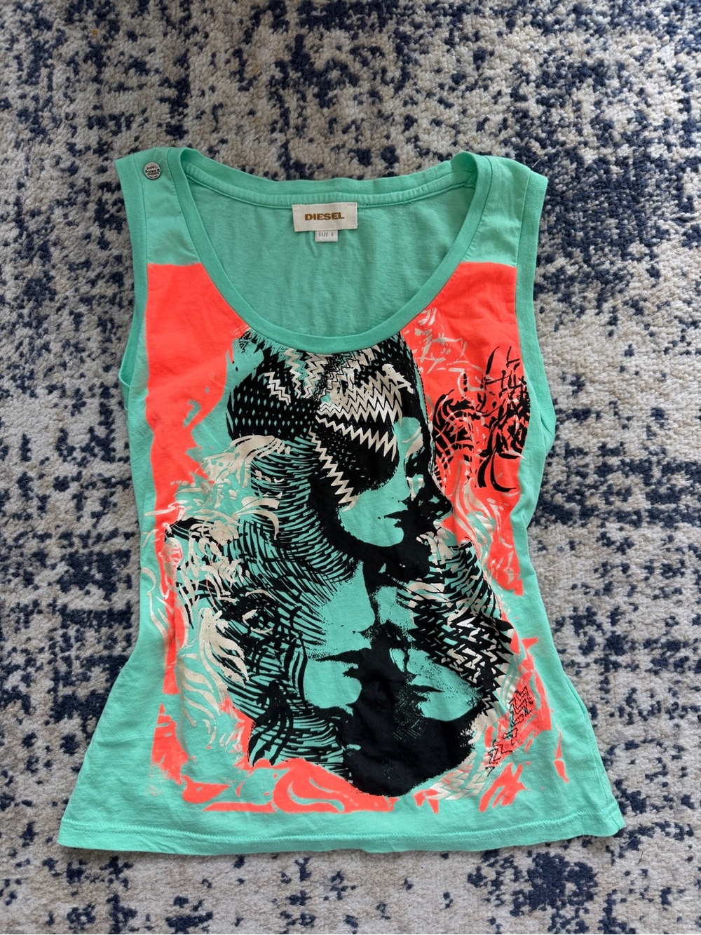 Diesel Mint Green Tank Top with Coral and Black Graphic